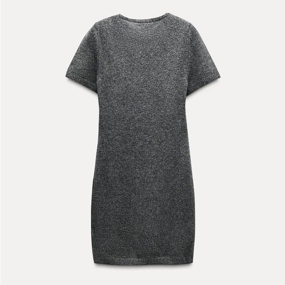 Zara NWT gray short sleeve sweater knit mini dress, silver ring metal applique - Picture 4 of 5